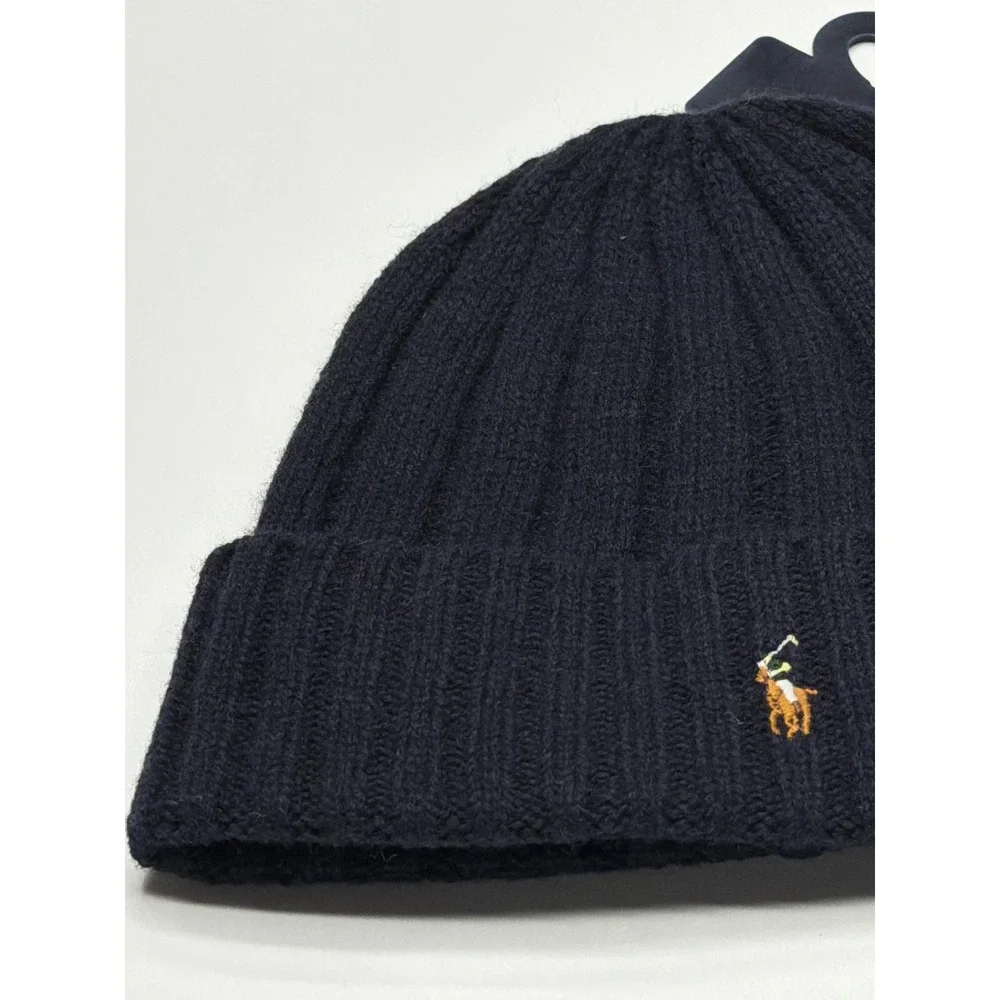 Polo Ralph‎ Lauren Men Navy Blue Wool Blend Ribbed Beanie Hat One Size NWT